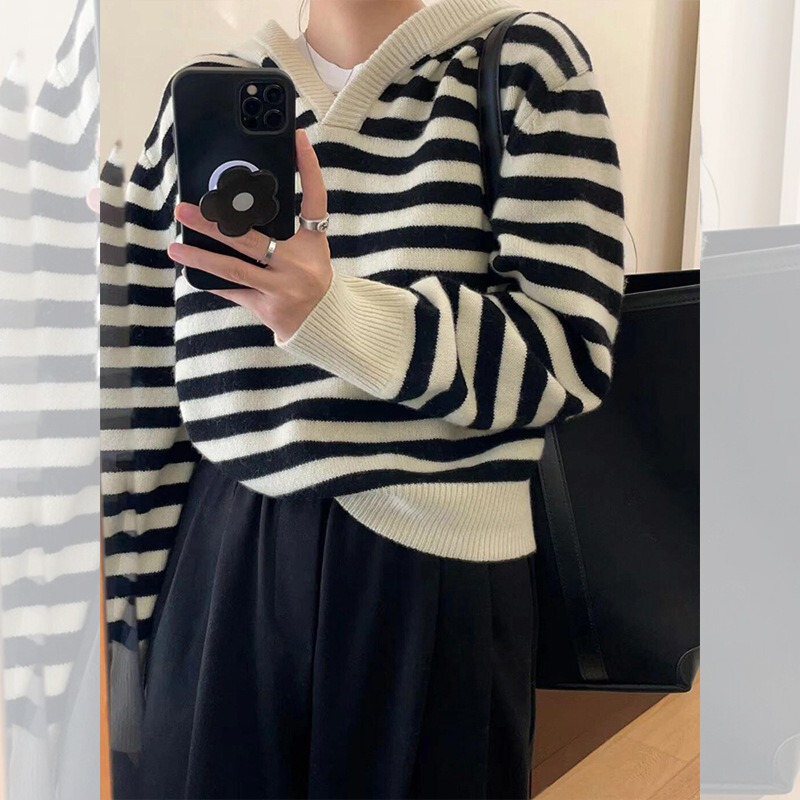 黑白条纹连帽V领针织衫女2025早秋新款慵懒风宽松休闲毛衣上衣潮|undefined