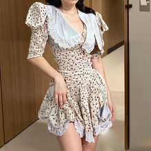 2025秋季新款跨境欧美时尚甜美清新印花娃娃领修身蓬蓬裙连衣裙女