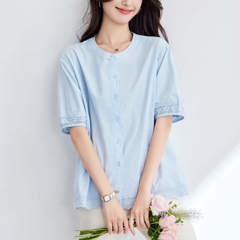 [Customized] Round Neck White Shirt Women's Short-Sleeved Summer New Lace Splicing Cut Out Top Women's Pure Cotton Shirt