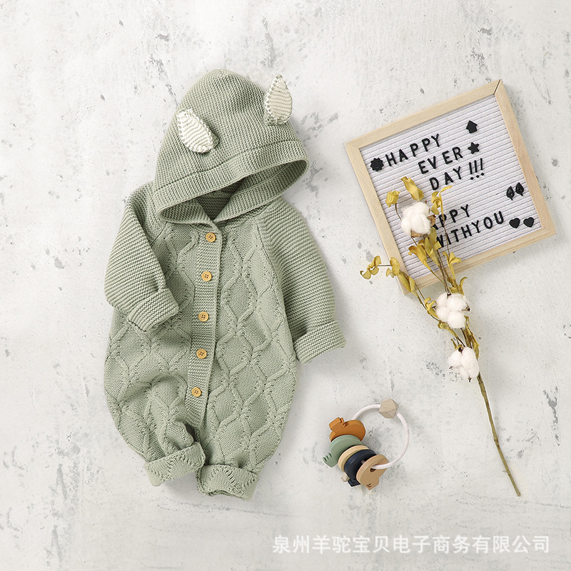 ins热卖秋冬新款婴儿针织小耳朵纯色连体哈衣爬服|undefined