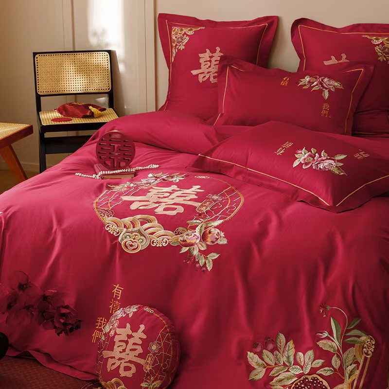 婚庆四件套红色全棉刺绣结婚六件套婚嫁喜被纯棉被套床上用品1.8