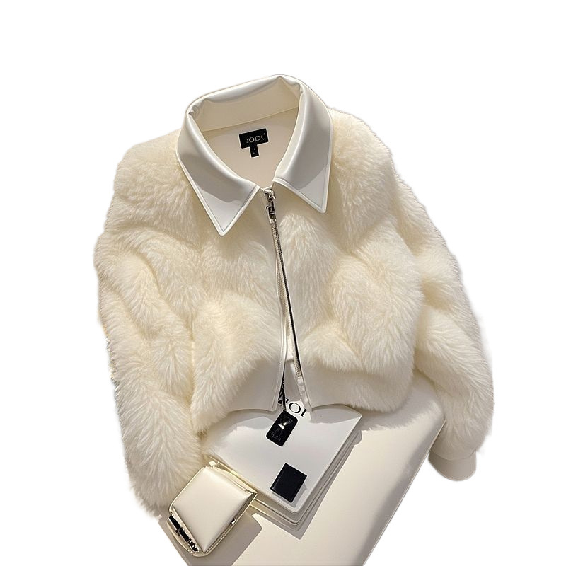 Luxury Winter White Faux Rabbit Fur Short Coat - Elegant & Cozy Women's Fleece Top For Office & Casual Wear_voghion.com