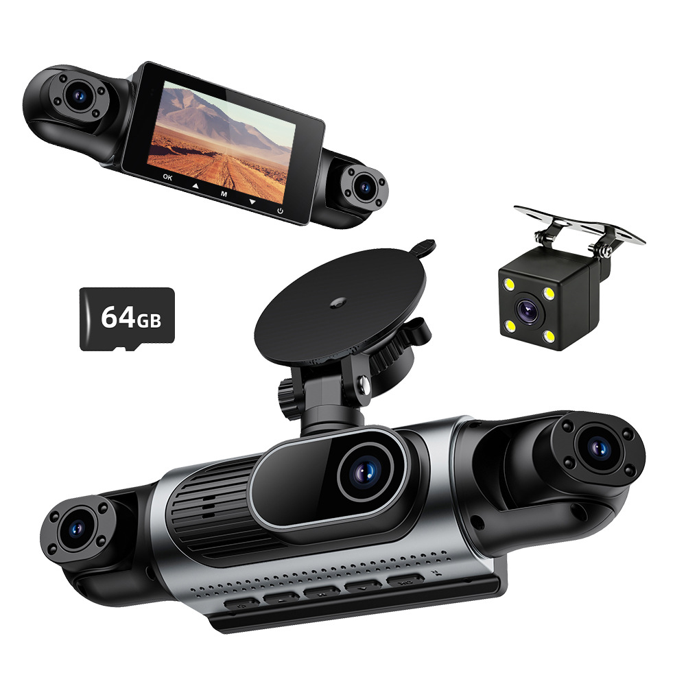 Four-channel dashcam, 1080P high-definition, panoramic night vision, built-in WiFi for smartphone connectivity, parking monitoring, and G-sensor
