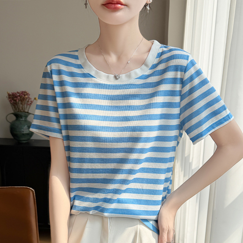 Summer New Style Round Neck Striped Short-Sleeve T-Shirt for Women, Fashionable Versatile Color-Blocking Cool Knit Top, Wholesale Available Summer New Style Round Neck Striped Short-Sleeve T-Shirt for Women, Fashionable Versatile Color-Blocking Cool Knit Top, Wholesale Available