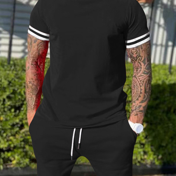 Cross-Border Export Hot-Selling Men's Suit Summer Casual Shorts Men's Sports Pants Black and White Cuffs Casual Short-Sleeved T-Shirt