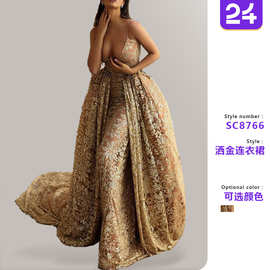 2026年欧美外贸新款女装连衣裙亚马逊敦煌性感V领烫金吊带连衣裙