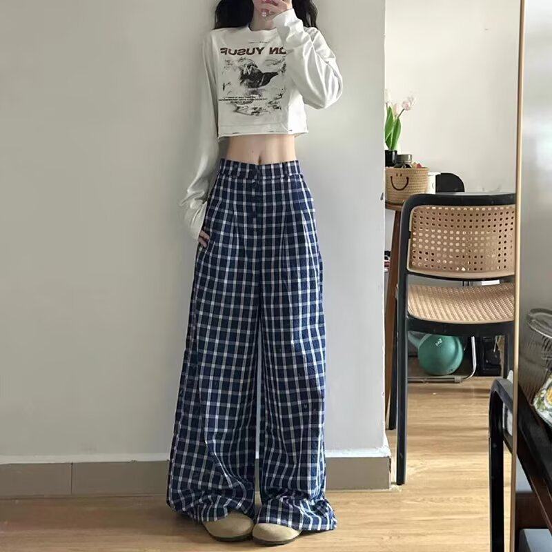 150小矮个子复古格纹阔腿休闲裤女夏季薄款慵懒风高腰宽松拖地裤|undefined
