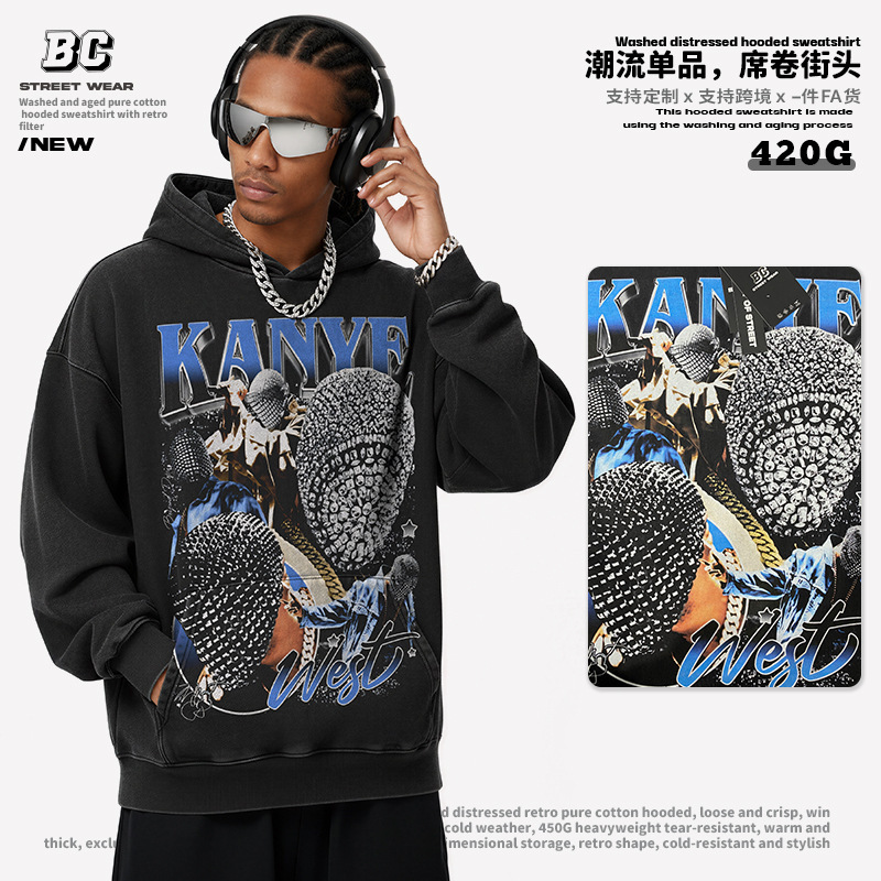 Cross-Border Hip-Hop Kanye West Printed Short-Sleeve T-Shirt High-Street Heavyweight Small Neckline Crewneck Hooded Sweatshirt