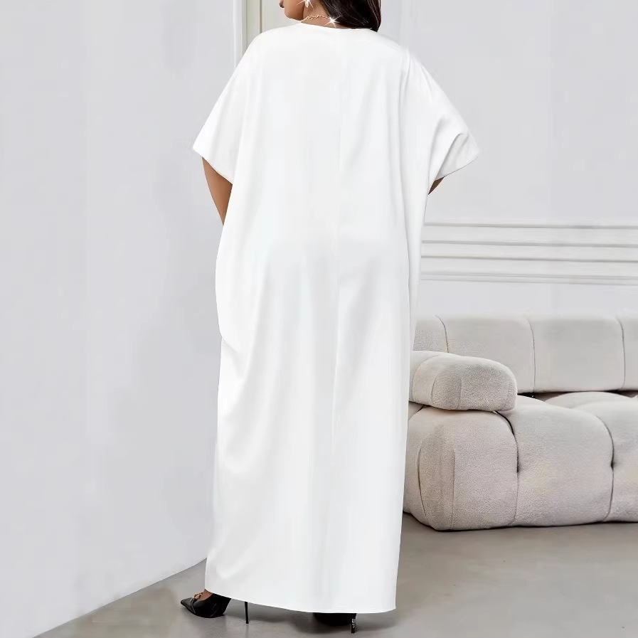 Women's Clothing Elegant V-Neck Long Dress Solid Color Plus Size Loose Fit Robe Fashionable_ecoleips.com