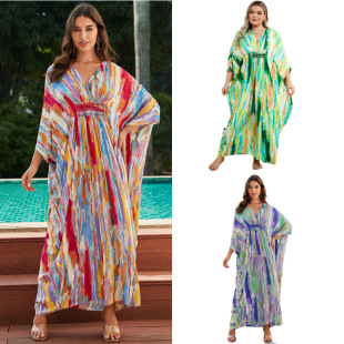 2025 new European and American rayon colorful beach blouse loose gown holiday sunscreen bikini outer blouse