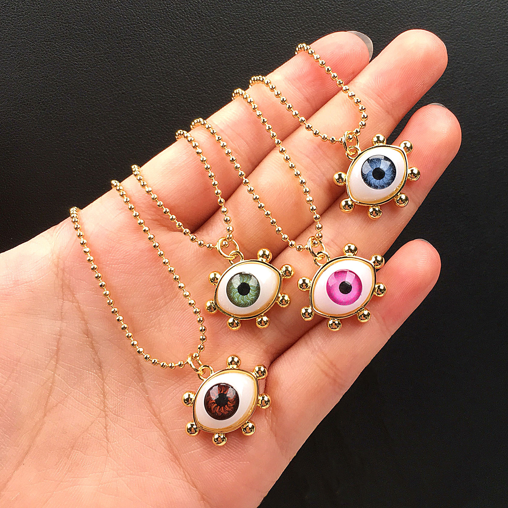 simple double layer gold-plated beads resin eye pendant necklace wholesale Nihaojewelry