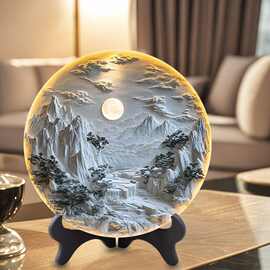 书房壁画新中式图片紧致创意客厅浮立体感桌面摆件圆盘摆台装饰