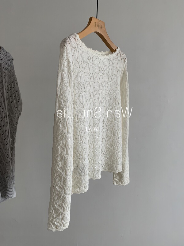 Nordic Hollow Crochet Knit Sweater, Linen+Tencel with Small Sequin Design, Round Neck, Long Sleeve, Spring/Summer Pullover