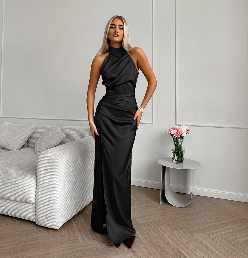 ChicShe ChicShe ChicShe ChicShe European And American Cross-Border Banquet Halter Neck Satin Fashion Waist-Cinching Slit Bodycon Dress Summer High-End_voghion.com