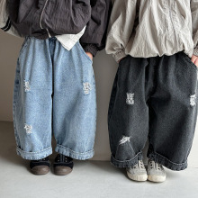 佳叶童品2025儿童秋季新款破洞牛仔裤男女宝宝宽松做旧阔腿裤长裤