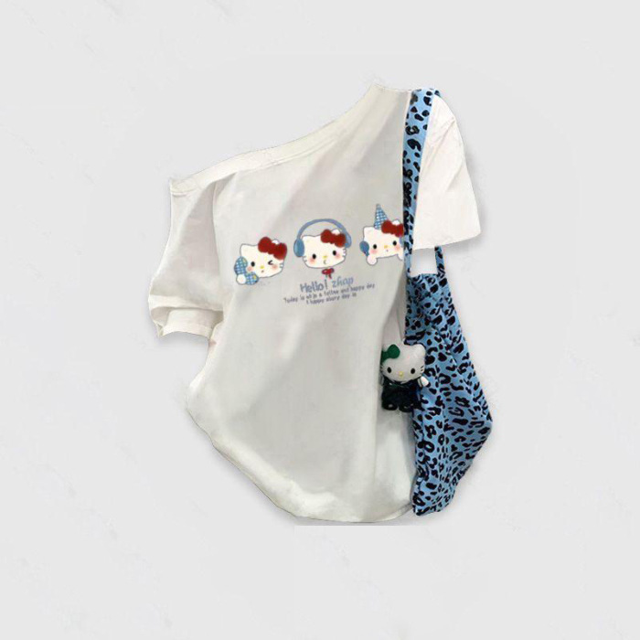 韓国グレーワンショルダーキティ猫プリント斜め肩半袖Tシャツレディース夏新作人気ハイエンドトップ|undefined