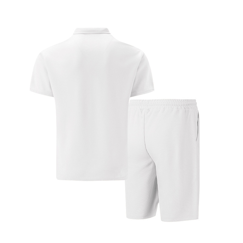 Men's Clothing Men's Casual Short Sleeve T-Shirt And Shorts Set Solid Color Lapel Zipper Waffle Design Summer Fashion_viptrois.com