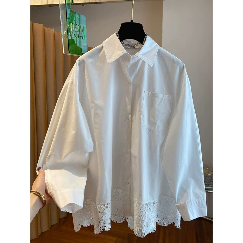 Европейские товары высокого класса белая кружевная сшитая рубашка женская ранняя весна 2025 новый свободный супер красивый хлопковый топ прилив