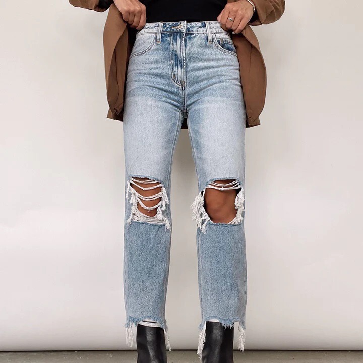 Amazon Ebay Jeans Hot-Selling New European and American Hot-Selling Washed Ripped High-Waisted Loose Straight Pants