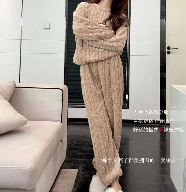 秋冬季珊瑚绒睡衣套装女加绒加厚家居服时尚可外穿法兰绒开衫睡袍|undefined
