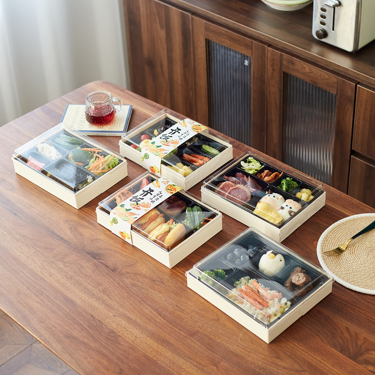 Caja de comida desechable de bento con cubierta de madera de alta calidad, caja de embalaje de picnic de camping de varios lugares