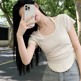 设计感小心机挂脖系带短款T恤女夏季修身显瘦辣妹正肩短袖上衣潮