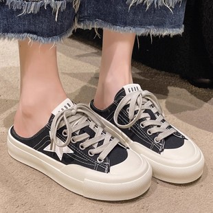 Baotou Half Slippers Women's 2025 New Spring Outer Wear Casual Canvas Shoes Without Heel All-match Lazy Thick Ins