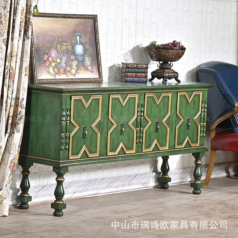 客厅描金复古绿四门柜餐边柜走廊玄关高端设计装饰柜电视柜门厅柜|undefined
