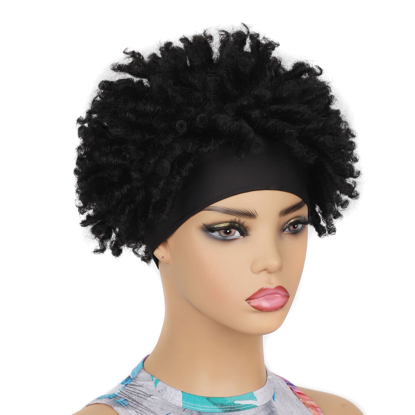 Perucă sintetică neagră scurtă, cu panglică de gheață explozivă, pufoasă, creță, cu bandă de susținere_voghion.com