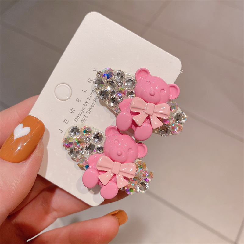 Colorful Bear Water Diamond Hair Clip New Trendy Light Luxury Refine Hair Accessory Eyebrow Pigeon Bill Clip Edge Clip Hair Pin Accessory Sweet