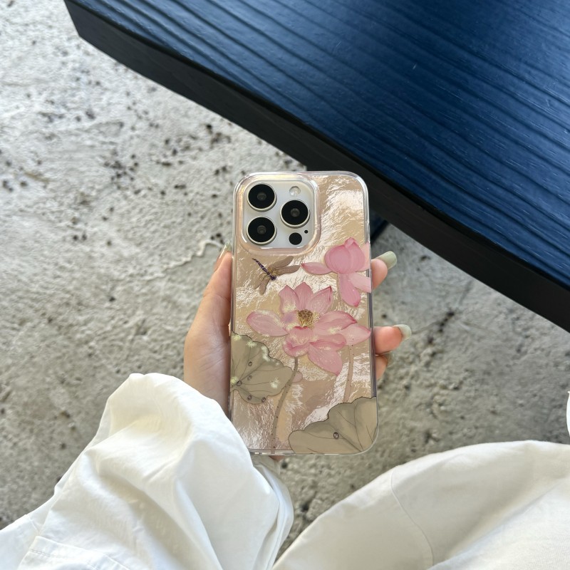 国风荷花苹果16promax14Promax手机壳适用iPhone15/12Pro双层印花