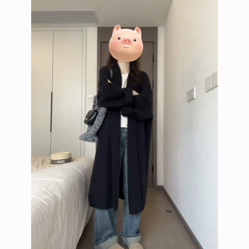 黑色中長款加厚過膝毛衣外套女秋冬季韓系寬鬆慵懶風針織開衫上衣