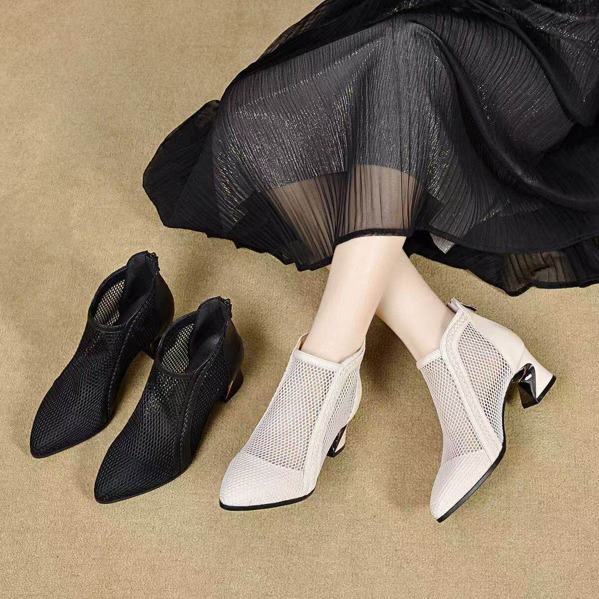 Sandal nữ mũi nhọn quai ngang gót vuông 7 cm lưới thoáng khí — màu be