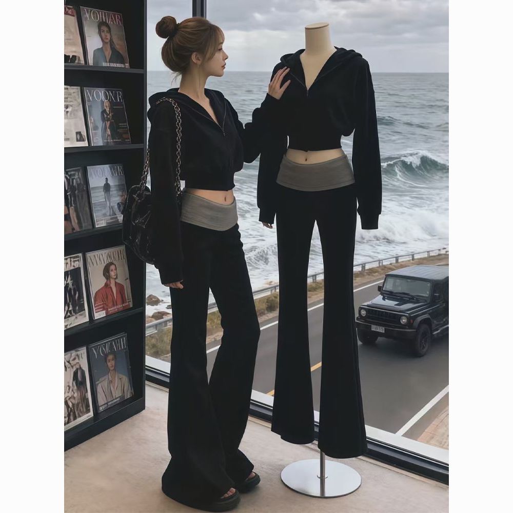 Korean Hot Girl Suit Women's Sports Hooded Sweatshirt Long-Sleeved Jacket Cardigan Top Contrasting Color Bootcut Trousers Two-Piece Set