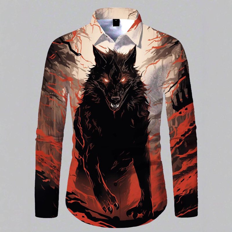 2025 New Cross-border Trade Beast Wolf 3D Digital Printing Men's Trendy Casual Party Fashion Long Sleeve Shirt