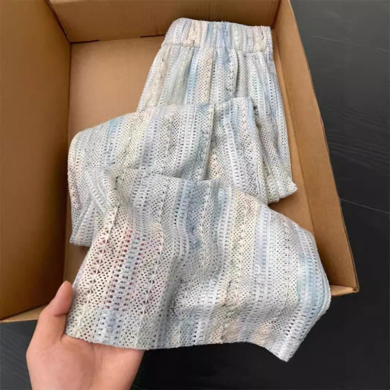 Tie-dyed Hollow-out Wide-leg Pants Women's Summer 2024 New High Waist Draped Sense Casual Slimming Lazy Ice Silk Cool Pants