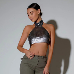 跨境熱辣歐美上衣金屬亮片吊帶高領背心甜辣風炸街上衣亞馬遜