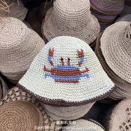 韩版ins彩色草帽女夏海边沙滩手钩螃蟹可折叠大檐草编赶海遮阳帽