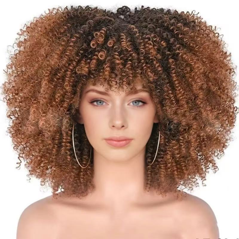 Damen-Afro-Perücke, klein, lockig, afrikanischer Stil, maschinell gefertigt, Kunstfaser, durchschnittliche Größe, glatte Textur, kurz, lang, mittellang_voghion.com