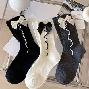 Japanese-Style Bow Socks for Women, Spring and Autumn, Black and White, Sweet Lolita Princess, Girl, Wavy Pattern, Calf Slouch Socks