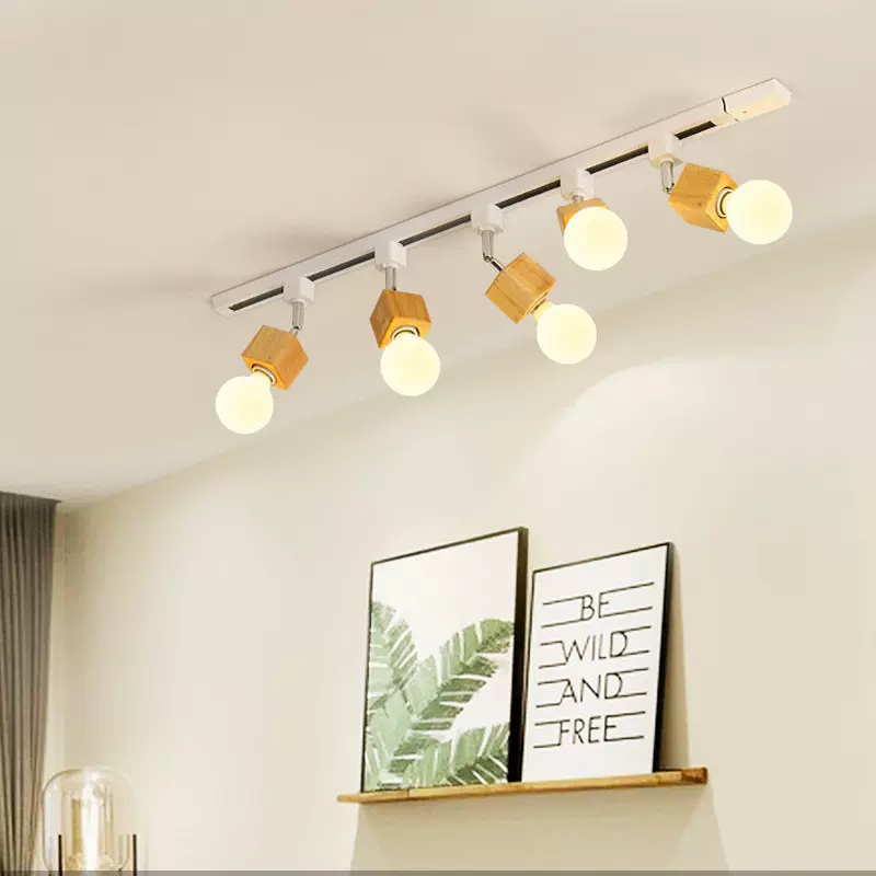 北欧实木射灯简约现代led明装家用客厅服装店背景墙原木轨道灯具