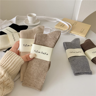 Autumn and Winter new cashmere socks women's Japanese retro double-knit socks vertical striped wool pile socks solid color mid-calf socks