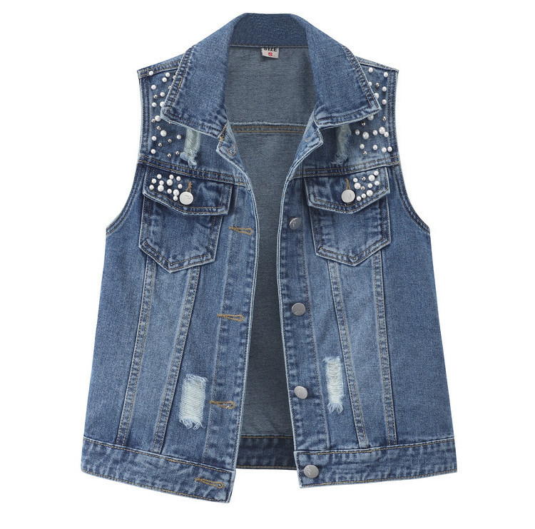 Colete jeans versátil com miçangas para mulheres moda casual_voghion.com