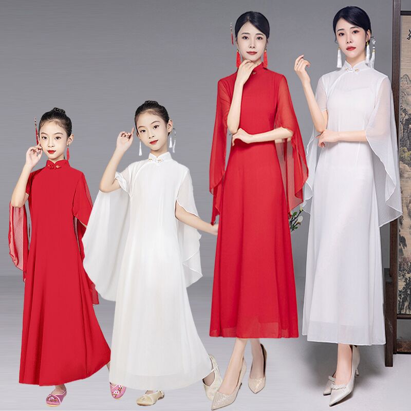 儿童古筝演出服长裙披肩超仙气质连衣裙中国舞钢琴二胡表演舞蹈服