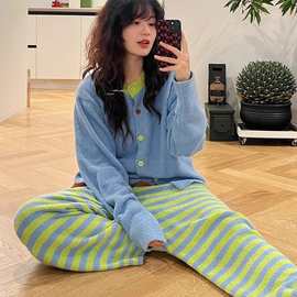 韩版高级条纹珍贝绒睡衣女冬款新款加厚毛绒家居服套装可外穿
