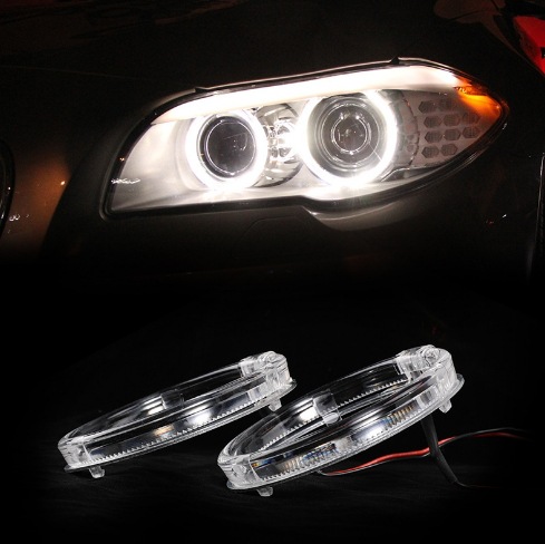 Blanco-amarillo bicolor guía de luz ángel ojo faro diafragma faro de automóvil acústico cambio de ojo lente doble luz faro