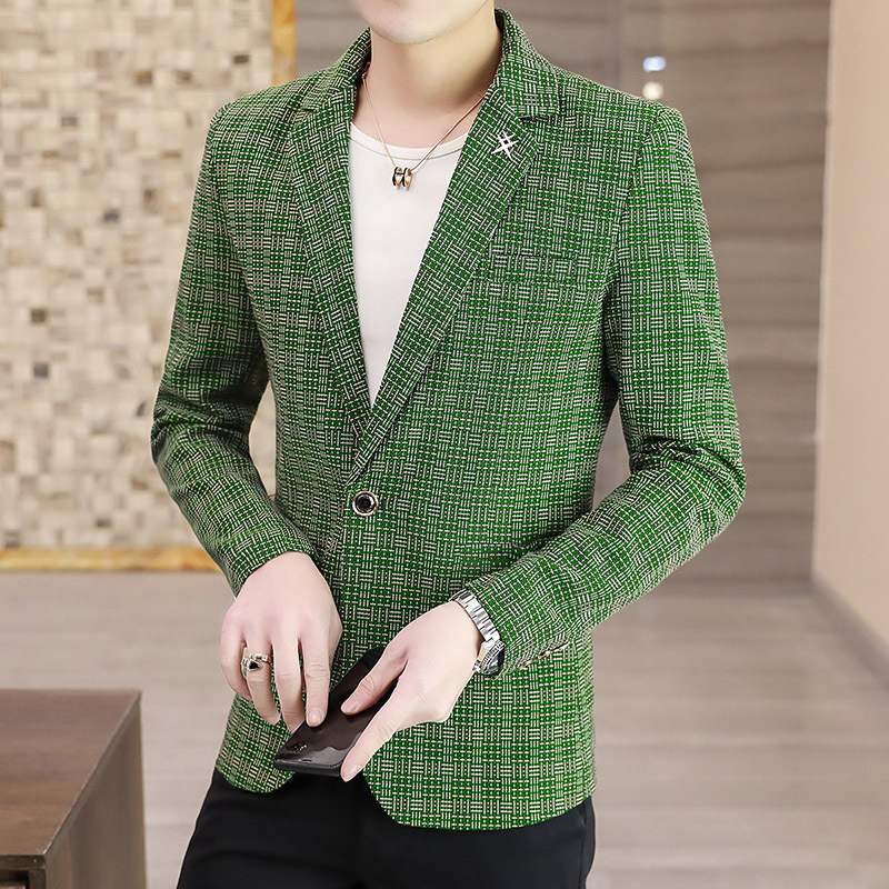 Spring New Korean Style Slim-fit Handsome Plaid Suit Men's Young Duffian Handsome Top Thin Small Suit Coat Trendy