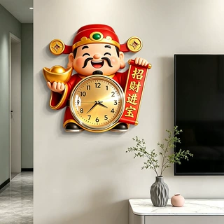 新中式招财进宝财神创意寓意好挂钟客厅流行氛围灯静音准时防尘钟
