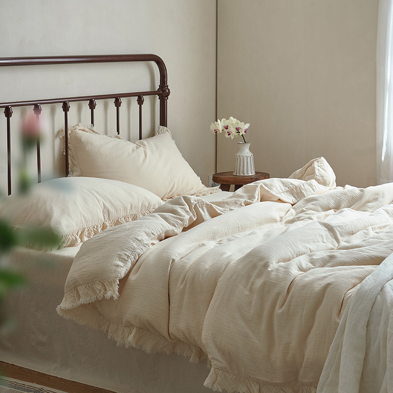 French Romantic Cotton Double-layer Yarn Four-piece Set Class A Maternal and Infant Grade Pure Cotton 4-piece Set Advanced Sense Soft Yarn Tassel Quilt Cover