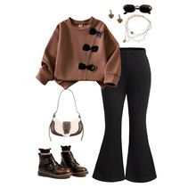 跨境外贸秋冬季欧美女童圆领蝴蝶结长袖卫衣搭配纯色喇叭裤两件套